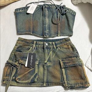 Denim Two-Piece Set - brown/ green looking color